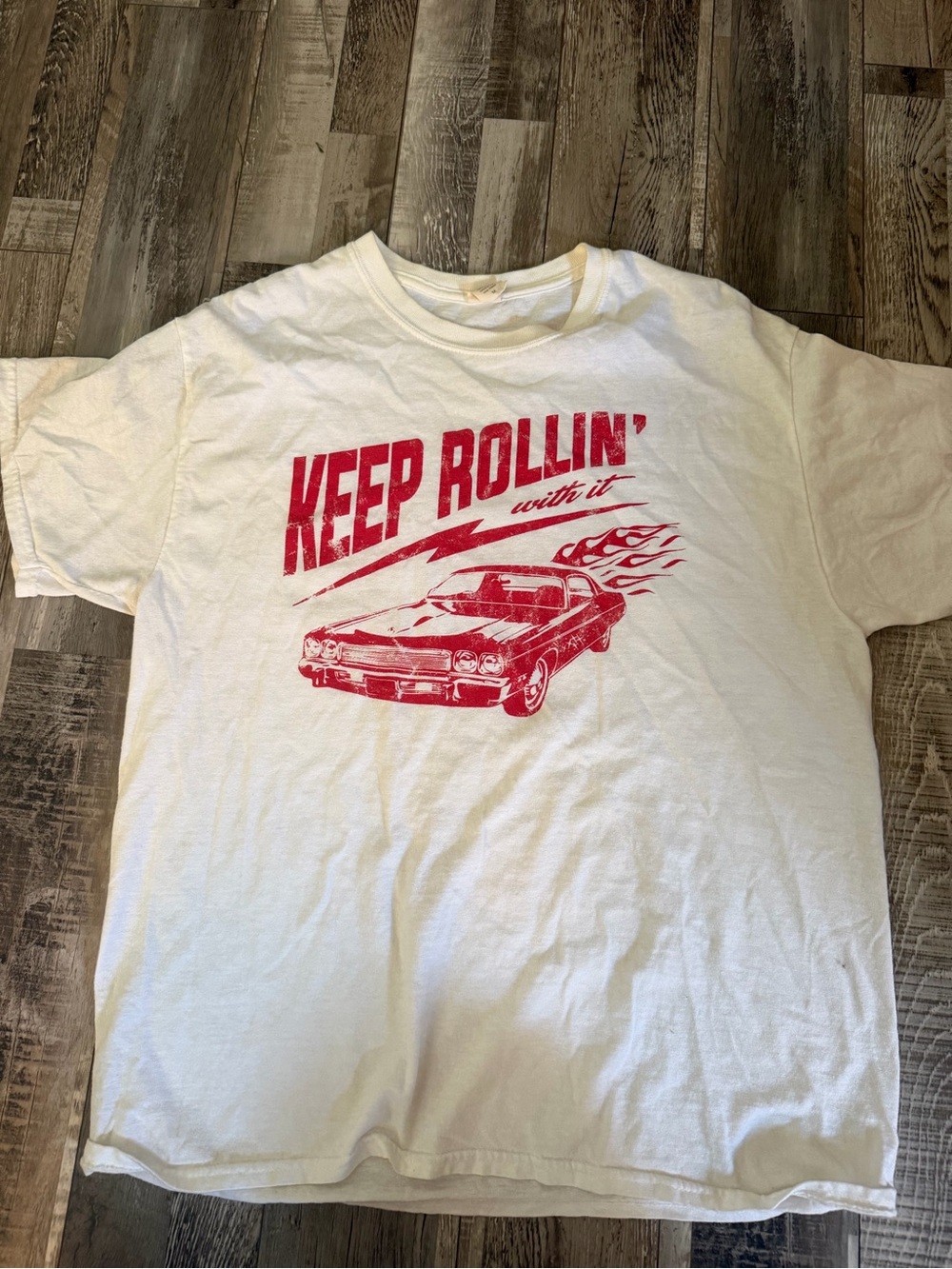 Altar'd State White Short Sleeve Tee with Red Graphic "Keep Rollin'"